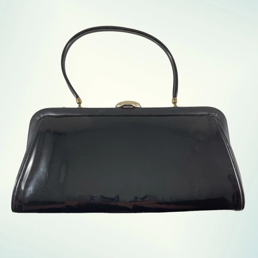 VINTAGE! Small Black Patent Clutch with Gold Clasp